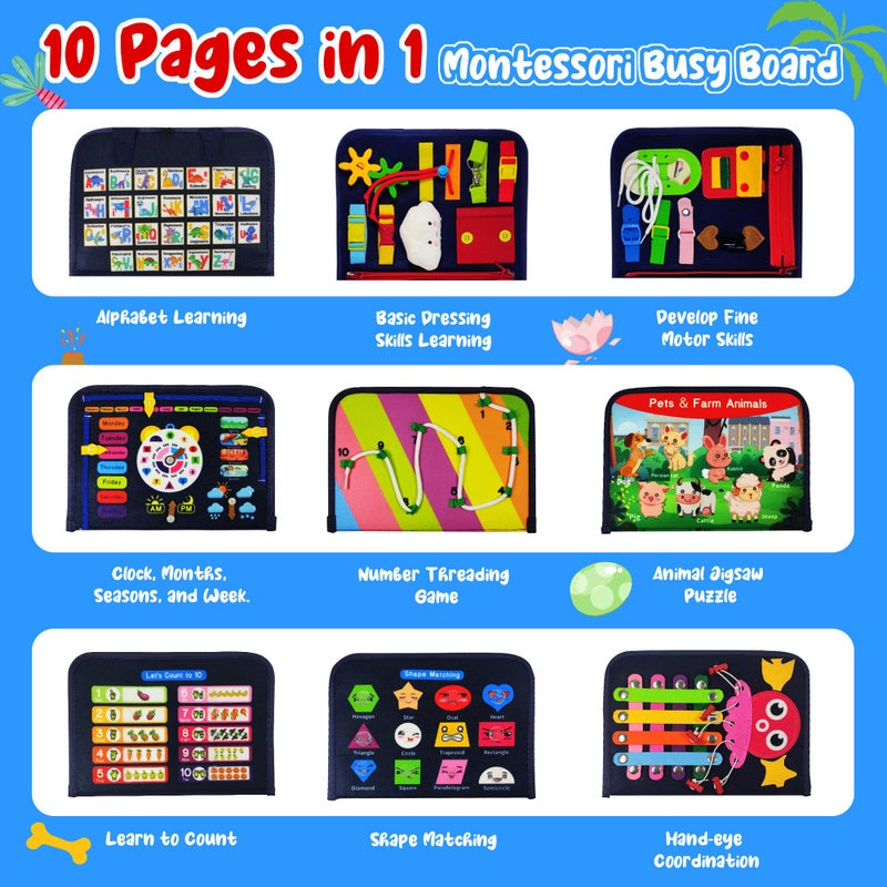 TenFans Montessori Busy Board | 1-4 Year Old Toddler Learning Toy | Fine Motor Skills Development | Montessori Sensory Playset | Early Childhood Education Tool | Portable Travel Preschool Activity Kit - Image 2